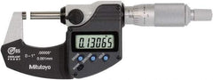 Mitutoyo - 0 to 1 Inch Range, 0.0001 Inch Resolution, Standard Throat, IP65 Electronic Outside Micrometer - 0.0001 Inch Accuracy, Ratchet Stop Thimble, Rotating Spindle, SR44 Battery, Includes NIST Traceability Certification - Industrial Tool & Supply