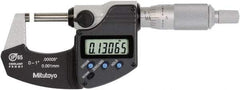 Mitutoyo - 0 to 1 Inch Range, 0 Inch Resolution, Standard Throat, IP65 Electronic Outside Micrometer - 0.0001 Inch Accuracy, Ratchet Stop Thimble, Rotating Spindle, SR44 Battery, Data Output, Includes NIST Traceability Certification - Industrial Tool & Supply