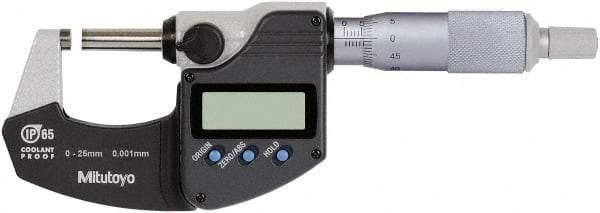 Mitutoyo - 0 to 25 mm Range, 0.0010 mm Resolution, Standard Throat, IP65 Electronic Outside Micrometer - Ratchet Stop Thimble, Rotating Spindle, SR44 Battery, Includes NIST Traceability Certification - Industrial Tool & Supply