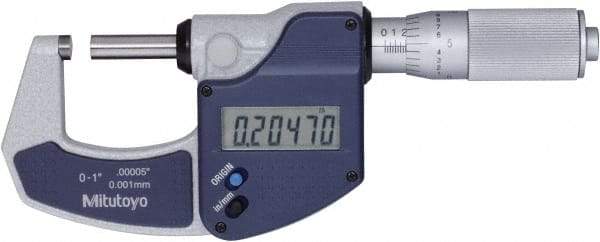 Mitutoyo - 0 to 1" Range, 0" Resolution, Standard Throat, Electronic Outside Micrometer - 0.0001" Accuracy, Friction Thimble, Rotating Spindle, SR44 Battery, Includes NIST Traceability Certification - Industrial Tool & Supply