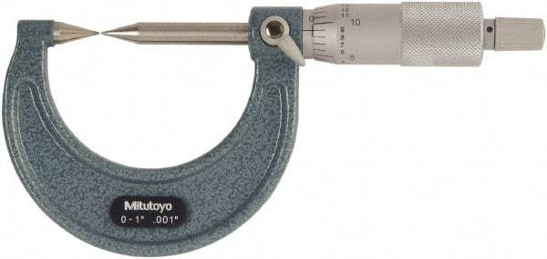 Mitutoyo - 1 Inch, 38mm Throat Depth, Ratchet Stop, Mechanical Point Micrometer - Accurate Up to 0.00015 Inch, 0.001 Inch Graduation, 30° Point Angle, 6.35mm Spindle Diameter - Industrial Tool & Supply