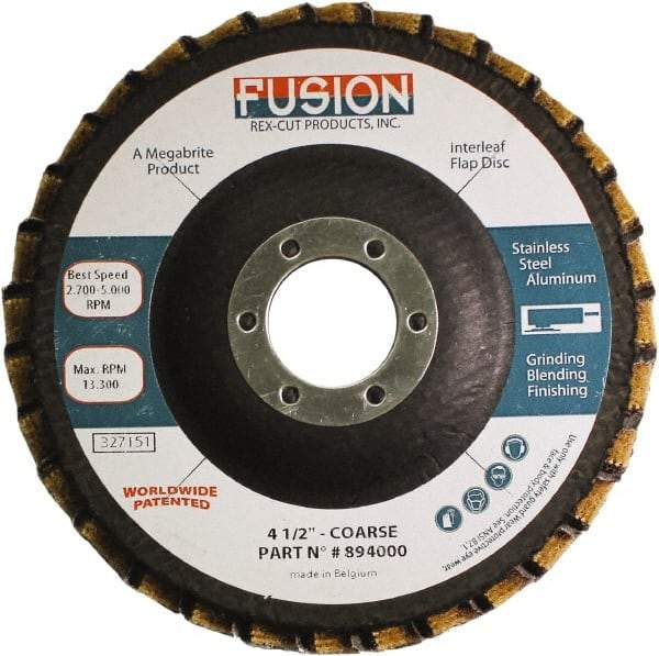 Rex Cut Product - 60 Grit, 4-1/2" Disc Diam, 7/8" Center Hole, Type 29 Aluminum Oxide Flap Disc - 13,300 Max RPM, Fiberglass Backing, Arbor Attaching System, Coated & Non-Woven Combo - Industrial Tool & Supply