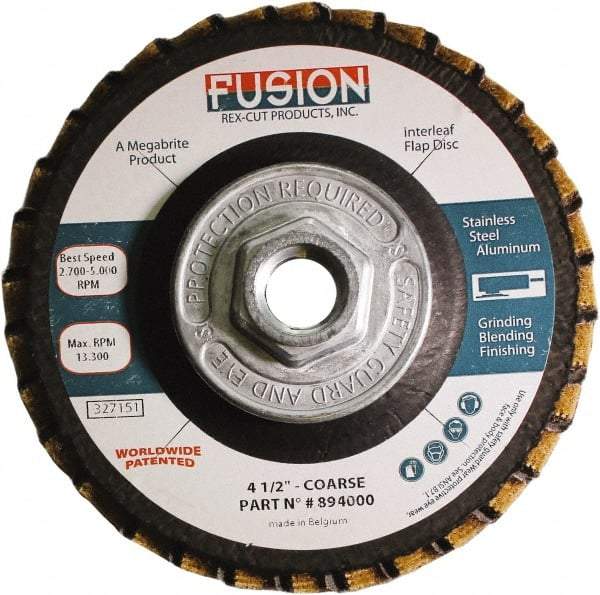 Rex Cut Product - 60 Grit, 4-1/2" Disc Diam, 5/8-11 Center Hole, Type 29 Aluminum Oxide Flap Disc - 13,300 Max RPM, Fiberglass Backing, Arbor Attaching System, Coated & Non-Woven Combo - Industrial Tool & Supply
