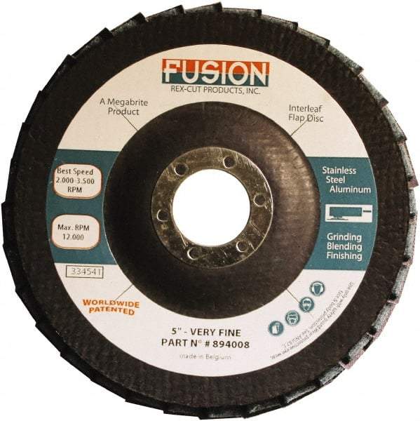 Rex Cut Product - 120 Grit, 5" Disc Diam, 7/8" Center Hole, Type 29 Aluminum Oxide Flap Disc - 12,200 Max RPM, Fiberglass Backing, Arbor Attaching System, Coated & Non-Woven Combo - Industrial Tool & Supply