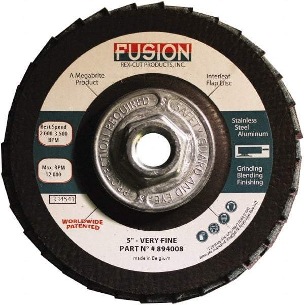 Rex Cut Product - 120 Grit, 5" Disc Diam, 5/8-11 Center Hole, Type 29 Aluminum Oxide Flap Disc - 12,200 Max RPM, Fiberglass Backing, Arbor Attaching System, Coated & Non-Woven Combo - Industrial Tool & Supply