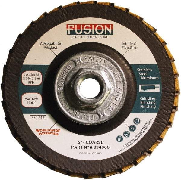 Rex Cut Product - 60 Grit, 5" Disc Diam, 5/8-11 Center Hole, Type 29 Aluminum Oxide Flap Disc - 12,200 Max RPM, Fiberglass Backing, Arbor Attaching System, Coated & Non-Woven Combo - Industrial Tool & Supply