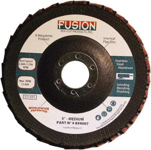 Rex Cut Product - 80 Grit, 5" Disc Diam, 7/8" Center Hole, Type 29 Aluminum Oxide Flap Disc - 12,200 Max RPM, Fiberglass Backing, Arbor Attaching System, Coated & Non-Woven Combo - Industrial Tool & Supply