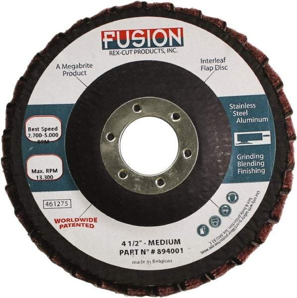 Rex Cut Product - 80 Grit, 4-1/2" Disc Diam, 7/8" Center Hole, Type 29 Aluminum Oxide Flap Disc - 13,300 Max RPM, Fiberglass Backing, Arbor Attaching System, Coated & Non-Woven Combo - Industrial Tool & Supply