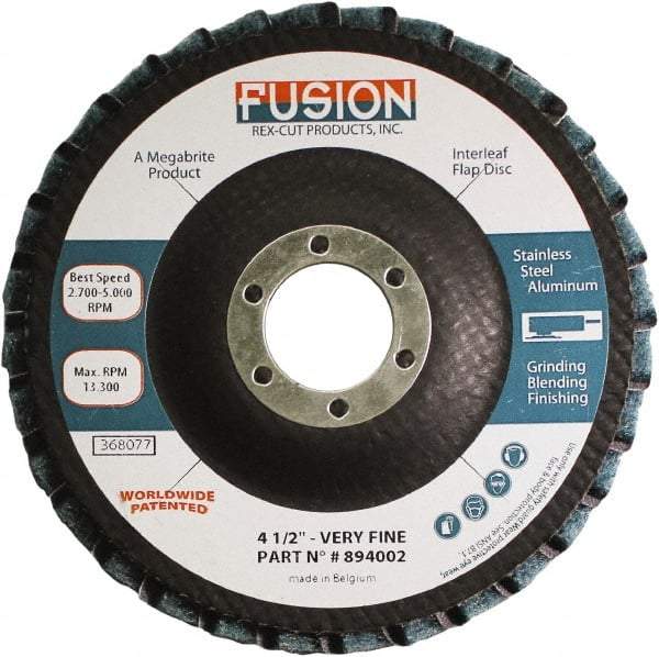 Rex Cut Product - 120 Grit, 4-1/2" Disc Diam, 7/8" Center Hole, Type 29 Aluminum Oxide Flap Disc - 13,300 Max RPM, Fiberglass Backing, Arbor Attaching System, Coated & Non-Woven Combo - Industrial Tool & Supply