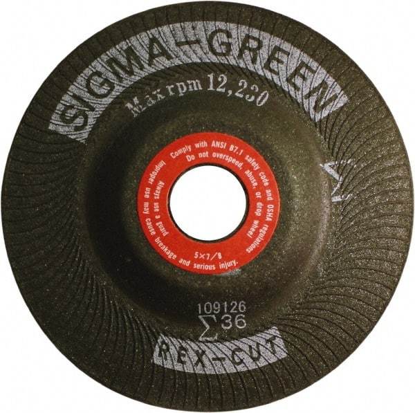 Rex Cut Product - 36 Grit, 5" Wheel Diam, 7/8" Arbor Hole, Type 27 Depressed Center Wheel - Zirconia Alumina/Aluminum Oxide Blend - Industrial Tool & Supply