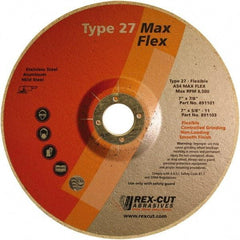 Rex Cut Product - 54 Grit, 7" Wheel Diam, 5/32" Wheel Thickness, 7/8" Arbor Hole, Type 27 Depressed Center Wheel - Aluminum Oxide, 8,500 Max RPM - Industrial Tool & Supply