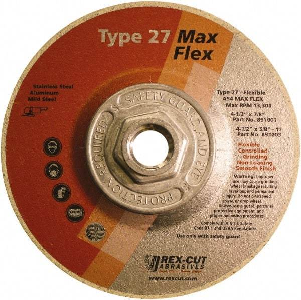 Rex Cut Product - 54 Grit, 4-1/2" Wheel Diam, 5/32" Wheel Thickness, Type 27 Depressed Center Wheel - Aluminum Oxide, 13,300 Max RPM - Industrial Tool & Supply