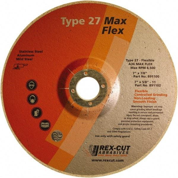 Rex Cut Product - 36 Grit, 7" Wheel Diam, 5/32" Wheel Thickness, 7/8" Arbor Hole, Type 27 Depressed Center Wheel - Aluminum Oxide, 8,500 Max RPM - Industrial Tool & Supply