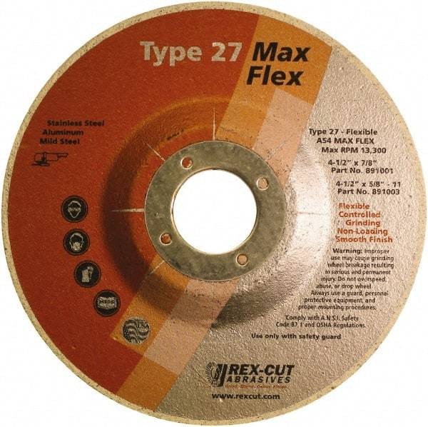 Rex Cut Product - 54 Grit, 4-1/2" Wheel Diam, 5/32" Wheel Thickness, 7/8" Arbor Hole, Type 27 Depressed Center Wheel - Aluminum Oxide, 13,300 Max RPM - Industrial Tool & Supply