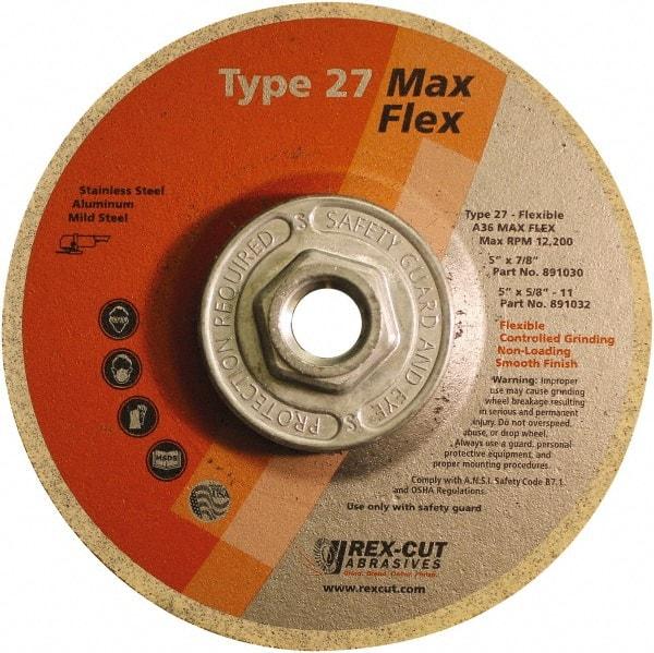 Rex Cut Product - 36 Grit, 5" Wheel Diam, 5/32" Wheel Thickness, Type 27 Depressed Center Wheel - Aluminum Oxide, 12,200 Max RPM - Industrial Tool & Supply