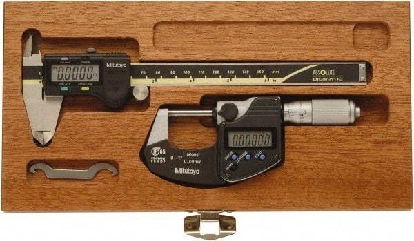 Mitutoyo - 4 Piece, Caliberated Machinist Caliper and Micrometer Tool Kit - 0 to 6 Inch Caliper, 0.0005 Inch Caliper Resoluion, 0 to 1 Inch Micrometer, 0.0001 Inch Graduation, 0.0005 Inch Resoluion - Industrial Tool & Supply