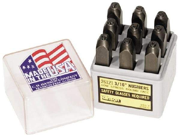 C.H. Hanson - 9 Piece, 3/16" Character Steel Stamp Set - Figures, Low Stress Round Face Full - Industrial Tool & Supply