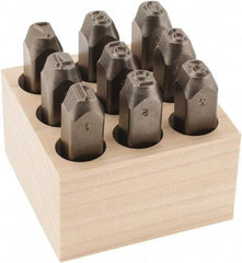 C.H. Hanson - 9 Piece, 3/8" Character Steel Stamp Set - Figures, Low Stress Round Face Full - Industrial Tool & Supply