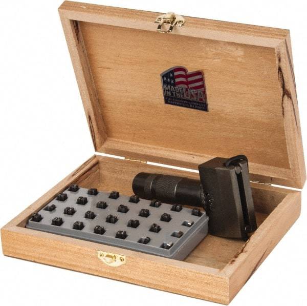 C.H. Hanson - 51 Piece, 1/8 Inch Character, Steel Type Set - 15 Character Capacity, Letter Set A-Z, Number Set 0-9, Dash, 3 Blank Spacers, Ea of 1-9, A, E and Wood Box with Plastic Insert - Industrial Tool & Supply