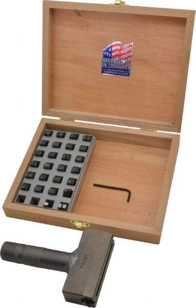C.H. Hanson - 51 Piece, 3/16 Inch Character, Steel Type Set - 10 Character Capacity, Letter Set A-Z, Number Set 0-9, Dash, 3 Blank Spacers, Ea of 1-9, A, E and Wood Box with Plastic Insert - Industrial Tool & Supply