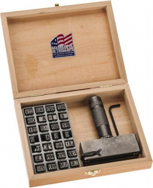 C.H. Hanson - 51 Piece, 1/4 Inch Character, Steel Type Set - 8 Character Capacity, Letter Set A-Z, Number Set 0-9, Dash, 3 Blank Spacers, Ea of 1-9, A, E and Wood Box with Plastic Insert - Industrial Tool & Supply