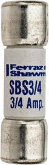 Ferraz Shawmut - 600 VAC, 0.75 Amp, Fast-Acting Ferrule Fuse - Clip Mount, 1-3/8" OAL, 100 at AC kA Rating, 13/32" Diam - Industrial Tool & Supply