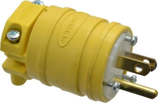 Hubbell Wiring Device-Kellems - 125 VAC, 15 Amp, 5-15P NEMA, Straight, Self Grounding, Commercial Grade Plug - 2 Pole, 3 Wire, 1 Phase, 1/2 hp, Thermoplastic, Yellow - Industrial Tool & Supply