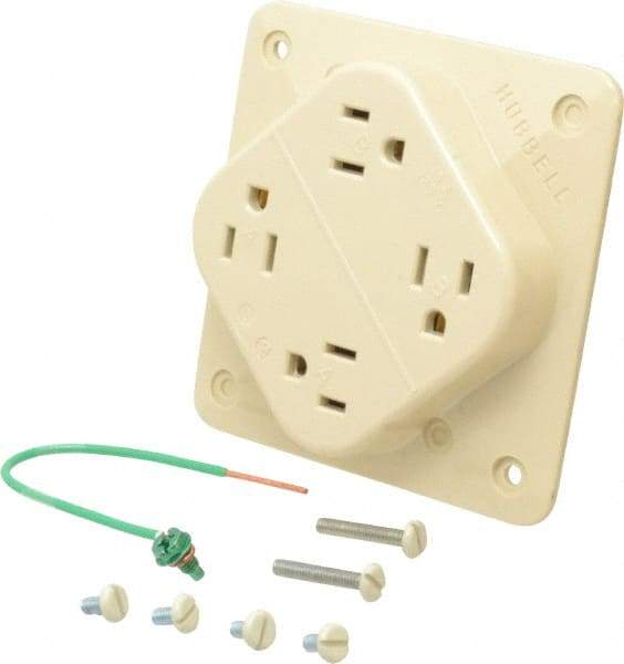 Hubbell Wiring Device-Kellems - 125 VAC, 15 Amp, 5-15R NEMA Configuration, Ivory, Specification Grade, Self Grounding Fourplex Receptacle - 1 Phase, 2 Poles, 3 Wire, Flush Mount, Impact Resistant - Industrial Tool & Supply