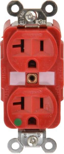 Hubbell Wiring Device-Kellems - 125 VAC, 20 Amp, 5-20R NEMA Configuration, Red, Hospital Grade, Self Grounding Duplex Receptacle - 1 Phase, 2 Poles, 3 Wire, Flush Mount, Tamper Resistant - Industrial Tool & Supply