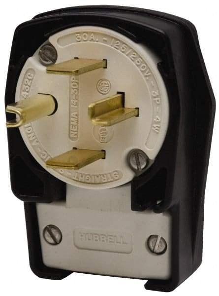 Hubbell Wiring Device-Kellems - 250 VAC, 30 Amp, 15-30P NEMA, Angled, Self Grounding, Commercial, Industrial Grade Plug - 3 Pole, 4 Wire, 3 Phase, 3 hp, Nylon, Black, White - Industrial Tool & Supply