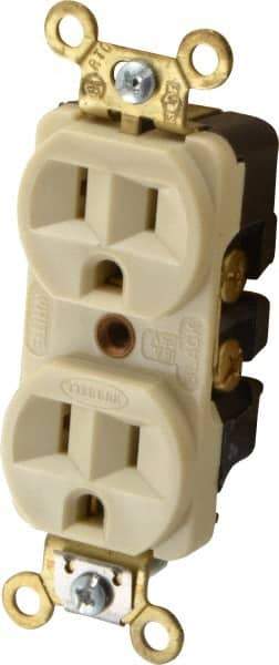 Hubbell Wiring Device-Kellems - 125 VAC, 15 Amp, 5-15R NEMA Configuration, Ivory, Industrial Grade, Self Grounding Duplex Receptacle - 1 Phase, 2 Poles, 3 Wire, Flush Mount, Corrosion, Heat and Impact Resistant - Industrial Tool & Supply