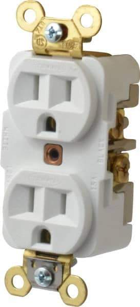 Hubbell Wiring Device-Kellems - 125 VAC, 15 Amp, 5-15R NEMA Configuration, White, Specification Grade, Self Grounding Duplex Receptacle - 1 Phase, 2 Poles, 3 Wire, Flush Mount, Corrosion, Heat and Impact Resistant - Industrial Tool & Supply