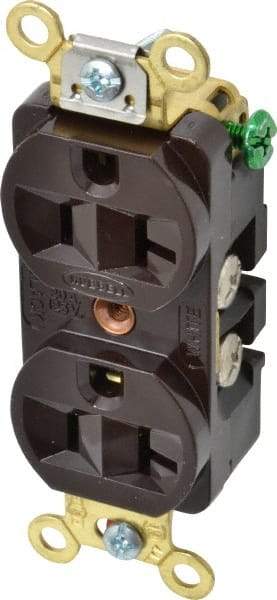 Hubbell Wiring Device-Kellems - 125 VAC, 20 Amp, 5-20R NEMA Configuration, Brown, Industrial Grade, Self Grounding Duplex Receptacle - 1 Phase, 2 Poles, 3 Wire, Flush Mount, Corrosion, Heat and Impact Resistant - Industrial Tool & Supply