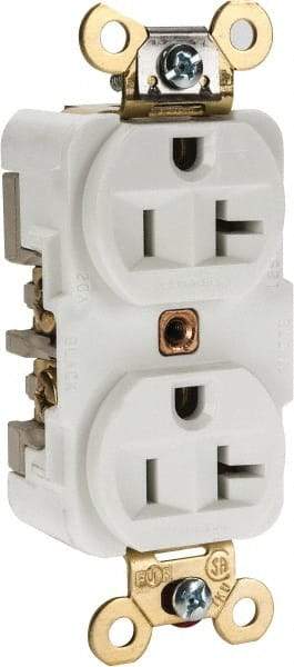 Hubbell Wiring Device-Kellems - 125 VAC, 20 Amp, 5-20R NEMA Configuration, White, Specification Grade, Self Grounding Duplex Receptacle - 1 Phase, 2 Poles, 3 Wire, Flush Mount, Corrosion, Heat and Impact Resistant - Industrial Tool & Supply
