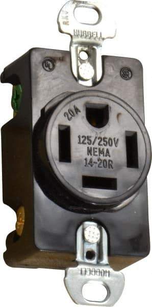 Hubbell Wiring Device-Kellems - 125/250 VAC, 20 Amp, 14-20R NEMA Configuration, Black, Specification Grade, Self Grounding Single Receptacle - 1 Phase, 3 Poles, 4 Wire, Flush Mount - Industrial Tool & Supply