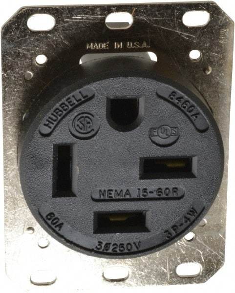 Hubbell Wiring Device-Kellems - 250 VAC, 60 Amp, 15-60R NEMA Configuration, Black, Industrial Grade, Self Grounding Single Receptacle - 1 Phase, 3 Poles, 4 Wire, Flush Mount - Industrial Tool & Supply