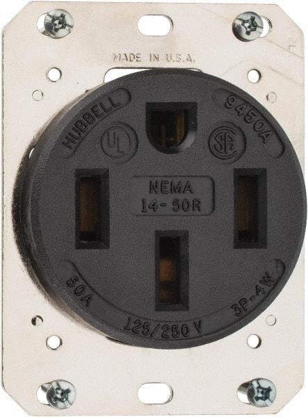 Hubbell Wiring Device-Kellems - 125/250 VAC, 50 Amp, 14-50R NEMA Configuration, Black, Industrial Grade, Self Grounding Single Receptacle - 1 Phase, 3 Poles, 4 Wire, Flush Mount - Industrial Tool & Supply