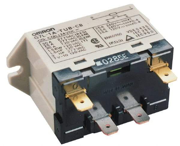 Omron - 1.7 to 2.5 VA Power Rating, Standard Electromechanical Quick Connect General Purpose Relay - 30 Amp at 220 VAC, SPST, 240 VAC, 68.5mm Wide x 47mm High x 33.5mm Deep - Industrial Tool & Supply