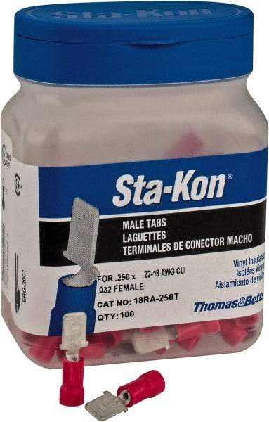 Thomas & Betts - 22 to 18 AWG, Vinyl, Fully Insulated, Male Wire Disconnect - 1/4 Inch Wide Tab, Red, CSA Certified, RoHS Compliant, UL 94 V-0, UL File E66716, UL Listed - Industrial Tool & Supply