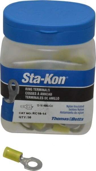 Thomas & Betts - 12-10 AWG Partially Insulated Crimp Connection D Shaped Ring Terminal - 1/4" Stud, 1.12" OAL x 0.53" Wide, Tin Plated Copper Contact - Industrial Tool & Supply