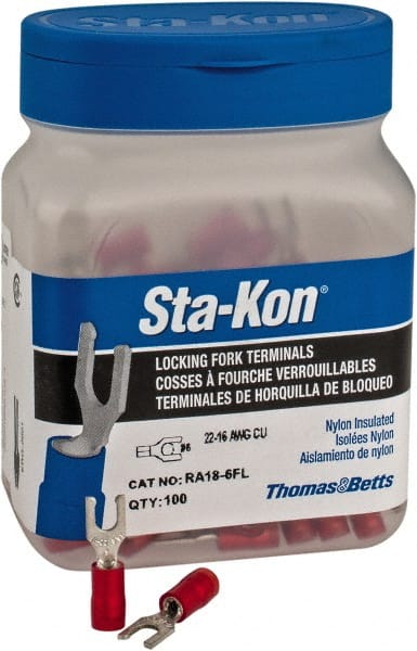 Thomas & Betts - #6 Stud, 22 to 16 AWG Compatible, Partially Insulated, Crimp Connection, Locking Fork Terminal - Industrial Tool & Supply