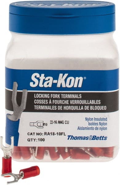Thomas & Betts - #10 Stud, 22 to 16 AWG Compatible, Partially Insulated, Crimp Connection, Locking Fork Terminal - Industrial Tool & Supply