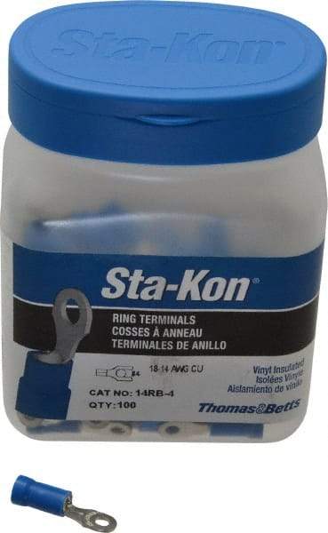 Thomas & Betts - 18-14 AWG Partially Insulated Crimp Connection D Shaped Ring Terminal - #4 Stud, 0.94" OAL x 1/4" Wide, Tin Plated Copper Contact - Industrial Tool & Supply