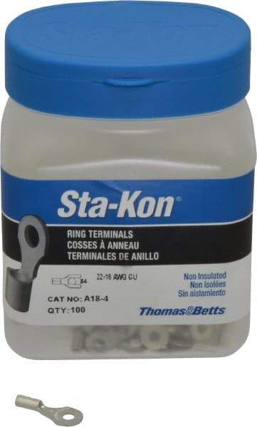 Thomas & Betts - 22-16 AWG Noninsulated Crimp Connection D Shaped Ring Terminal - #4 Stud, 3/4" OAL x 0.31" Wide, Tin Plated Copper Contact - Industrial Tool & Supply