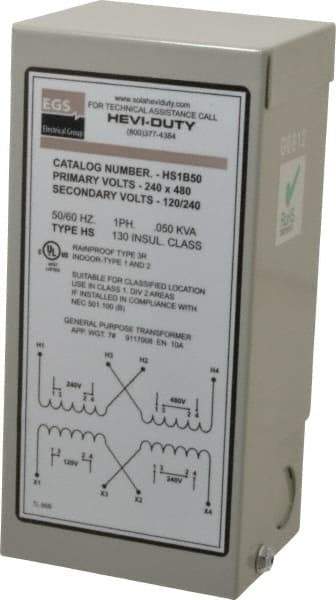 Sola/Hevi-Duty - 1 Phase, 240-480 Volt Input, 120/240 Volt Output, 60 Hz, 0.05 kVA, General Purpose Transformer - 4, 12, 3R, 4X NEMA Rating, 176°F Temp Rise, 4 Inch Wide x 3 Inch Deep x 6 Inch High, Indoor, Outdoor, Wall Mount - Industrial Tool & Supply