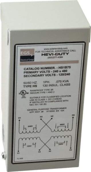 Sola/Hevi-Duty - 1 Phase, 240-480 Volt Input, 120/240 Volt Output, 60 Hz, 0.08 kVA, General Purpose Transformer - 4, 12, 3R, 4X NEMA Rating, 176°F Temp Rise, 4 Inch Wide x 3 Inch Deep x 6 Inch High, Indoor, Outdoor, Wall Mount - Industrial Tool & Supply