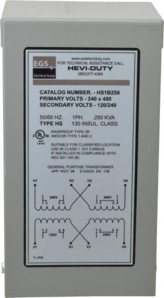 Sola/Hevi-Duty - 1 Phase, 240-480 Volt Input, 120/240 Volt Output, 60 Hz, 1/4 kVA, General Purpose Transformer - 4, 12, 3R, 4X NEMA Rating, 176°F Temp Rise, 4 Inch Wide x 4 Inch Deep x 8 Inch High, Indoor, Outdoor, Wall Mount - Industrial Tool & Supply