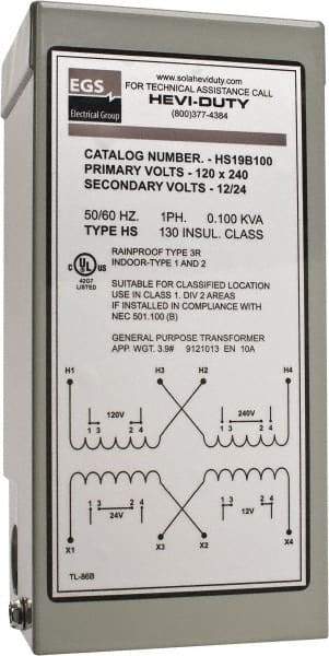 Sola/Hevi-Duty - 120/240 Input Volt, 12/24 Output Volt, 60 Hz, Buck Boost Transformer - 1 Phase, 4 Inch Wide x 3 Inch Deep x 6 Inch High, cULus Listed E77014 - Industrial Tool & Supply