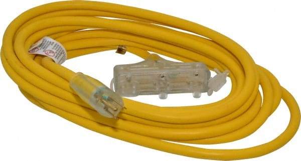 Southwire - 25', 12/3 Gauge/Conductors, Yellow Indoor & Outdoor Extension Cord - 1 Receptacle, 15 Amps, 125 VAC, UL SJTW-A, NEMA 5-15P, 5-15R x 3 - Industrial Tool & Supply