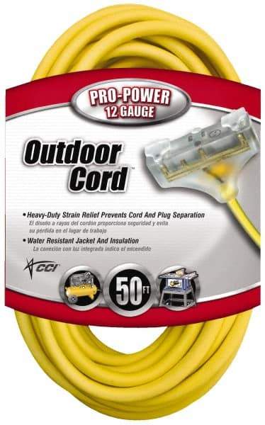 Southwire - 50', 12/3 Gauge/Conductors, Yellow Indoor & Outdoor Extension Cord - 1 Receptacle, 15 Amps, 125 VAC, UL SJTW-A, NEMA 5-15P, 5-15R x 3 - Industrial Tool & Supply